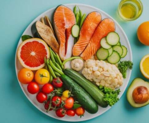 Ilustrasi makanan sehat dengan konsep nutrisi seimbang untuk gaya hidup sehat dan bugar